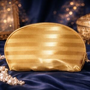 Elegant Gold Damask Fabric Cosmetic Bag Zipper Closure - Satin Feel